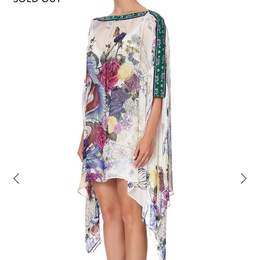 NWT Camilla short silk dress with boat neckline. Silk poncho overlay S/M